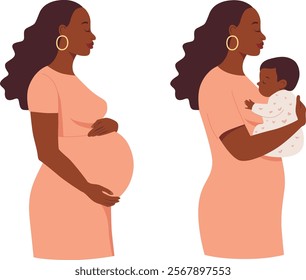 Two scenes with a happy pregnant dark skin woman and a mother with a baby in her arms. Healthy happy pregnancy and motherhood
