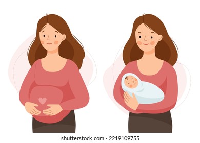 Two scenes with a happy pregnant woman and a mother with a baby in her arms. Healthy happy pregnancy and motherhood. Vector flat illustration.