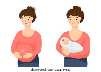 Two scenes with a happy pregnant woman and a mother with a baby in her arms. Healthy happy pregnancy and motherhood. Vector flat illustration.