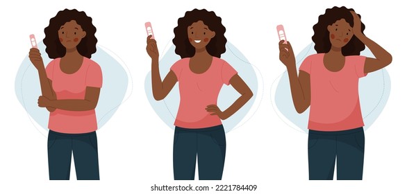 Two scenes with a happy and unhappy african woman holding a pregnancy test. Positive and negative pregnancy test. Motherhood. Vector flat illustration.