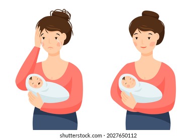 Two scenes with a happy and unhappy mother holding a child. Woman holding crying baby. Postpartum depression. happy motherhood. Vector flat illustration.
