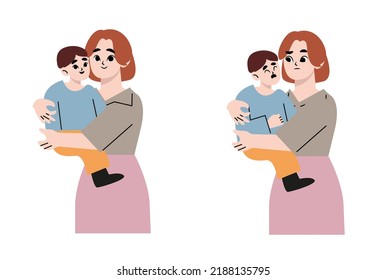 Two scenes with a happy and unhappy mother holding a child. Woman holding crying baby. Postpartum depression. happy motherhood. Flat drawn style vector design illustration