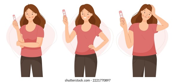 Two scenes with a happy and unhappy woman holding a pregnancy test. Positive and negative pregnancy test. Motherhood. Vector flat illustration.