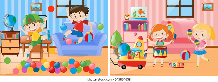 Two Scenes Kids Playing Living Room Stock Vector Royalty Free