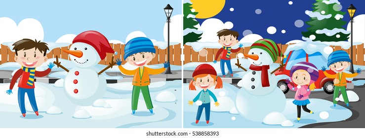 Two scenes with kids playing with snow illustration
