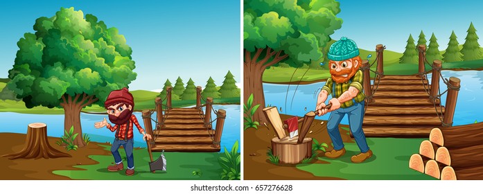 Zwei Szenen mit lumberjacks, hackender Holzgrafik