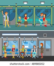 Two scenes in metro wagon, vector illustration. Horizontal banners set. People in a public transport, inside a subway train. 