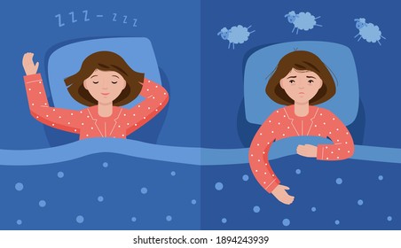 Two scenes with normal sleep and insomnia. A girl in pink pajamas lies in bed and cannot sleep. Insomnia concept. Woman counting sheep to sleep.