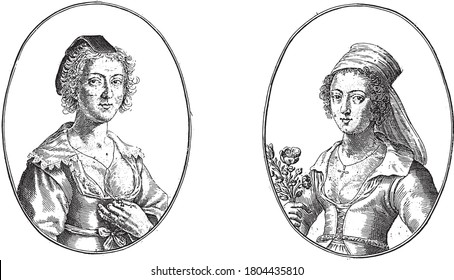 Two scenes on an album page. On the left the courtesan Margo de la belle Gantiere, the wife of a glove maker, and on the right Anna la Bavolette with flowers in her hand, vintage engraving.