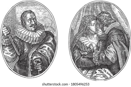 Two scenes on an album page. On the left a fictional portrait of a Seville merchant. He pulls a dagger out of its sheath. Right his wife with another man, vintage engraving.