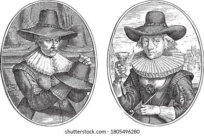 Two scenes on an album page. On the left the fictional portrait of a merchant from London, Among them two quatrains in Dutch, vintage engraving.