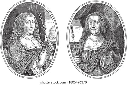 Two scenes on an album page. On the left the portrait of an unknown high-ranking woman like Brunona D.B, vintage engraving.