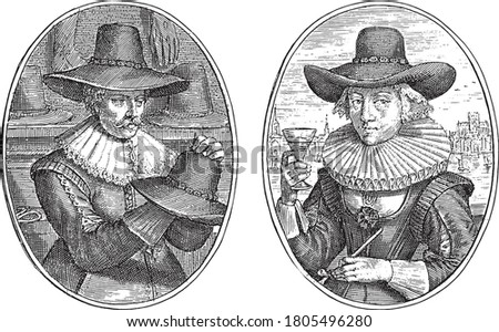 Two scenes on an album page. On the left the fictional portrait of a merchant from London, Among them two quatrains in Dutch, vintage engraving.