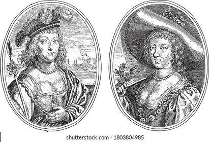 Two scenes on an album sheet. On the left the portrait of an unknown high-ranking woman like Heroina N.C., vintage engraving.