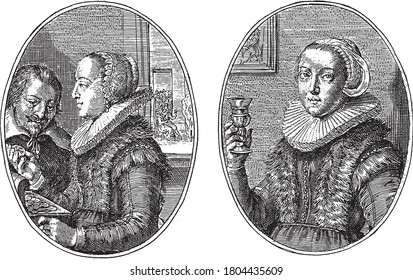 Two scenes on an album sheet. It concerns two men sisters. On the left a woman showing the contents of a cash box to the man next to herl, vintage engraving.