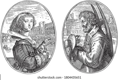Two scenes on an album sheet. On the left the fictional portrait of the wife of an officer at court, named Lot, with a dog in her hands, vintage engraving.