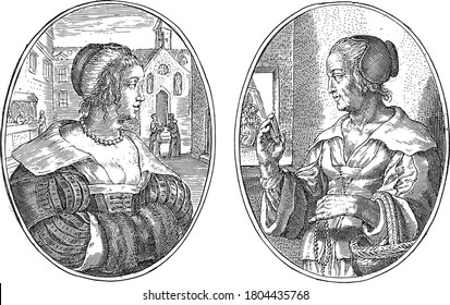 Two scenes on an album sheet. Left the fictional portrait of a civilian woman from the street of S.D. In the background a church building, two talking women and a market stall, vintage engraving.