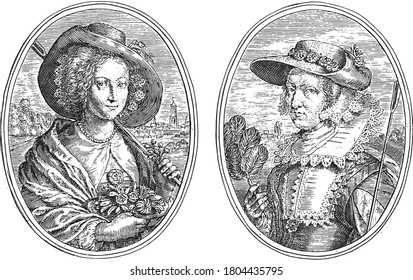 Two scenes on an album sheet. On the left the portrait of Magdalena van de Passe as Apellina V.T.A., vintage engraving.