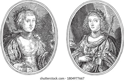 Two scenes on an album sheet. On the left the portrait of an unknown woman like Felicea N.Z.L.D.A., vintage engraving.
