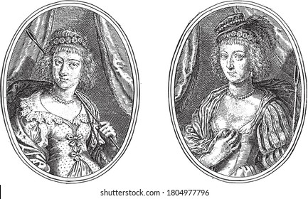 Two scenes on an album sheet. On the left the portrait of Barbara van den Broeck as Brabantina N.V.D.W.T., vintage engraving.