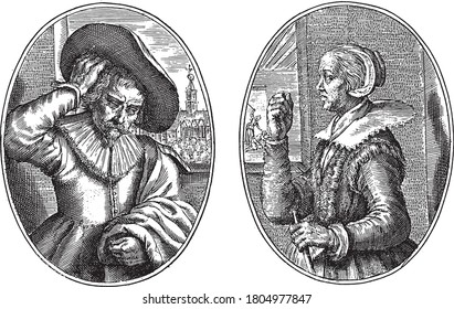 Two scenes on an album sheet. On the left a lap cutter, that is a tailor who does not make new goods, vintage engraving.