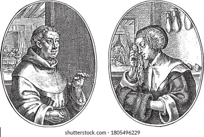 Dos escenas en una hoja de álbum. A la izquierda el retrato ficticio de un monje llamado Cornelis el grava codicioso y vintage.