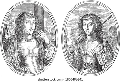 Two scenes on an album sheet. On the left the portrait of Louisa Francisca de Guzman as Lusitana P.P.T.G.A, vintage engraving.