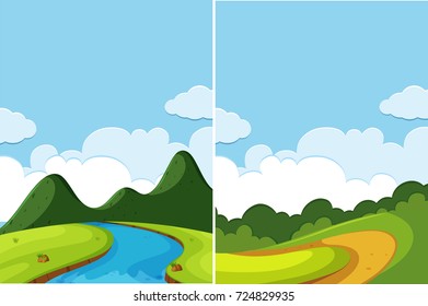Two scenes of river and road at day time illustration