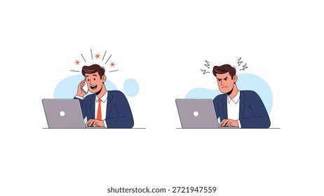 Dos escenas muestran a un hombre de negocios experimentando diferentes emociones de alegría y enojo mientras trabaja en su computadora portátil en la oficina.