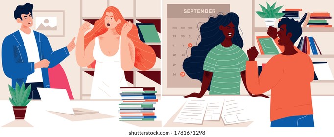 Two scenes showing diverse people screaming and arguing in the office in a show of temper, colored vector illustration