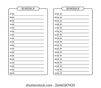 Two schedule templates are presented. One is in digital time format and the other is in analog time format. Each is organized to help with daily planning
