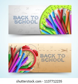 Two scholastic banner set with colored pencils headlines alarm clock and different elements vector illustration