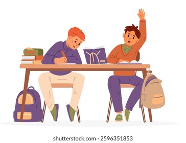 Two school boys sitting at desk in classroom flat vector illustration isolated on white. Pupils at desk with school supplies and backpacks.