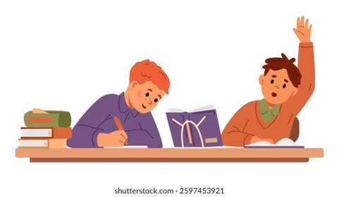Two school boys sitting at desk in classroom studying, writing, raising hand flat vector illustration isolated on white.