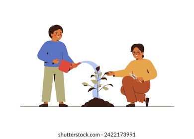 Two school boys watering young tree. Children planting sapling outdoor together. Green Ecology and environment forest conservation concept. Vector illustration