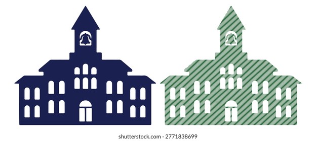 Two school buildings, one navy blue silhouette, one green striped, educational icon.