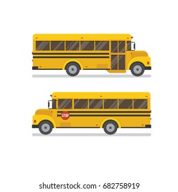 Two school bus side views flat illustration isolated on white background.