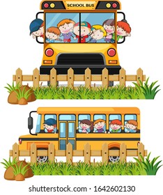 Two school buses with boys and girls riding on it illustration