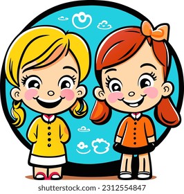 Two school children in front of chalkboard, funny vector illustration