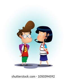 Two school children on blue background. Vector illustration