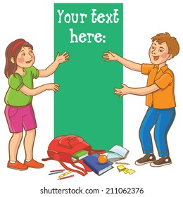 Two School children representing YOUR text. School activities. Back to School isolated objects on white background. Great illustration for a school books and more. VECTOR.