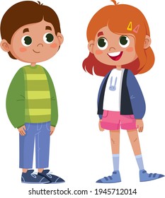 Two School Children Talking Vector. Full-length Characters. Boy And Girl Kids. Illustration Funny Clipart Set