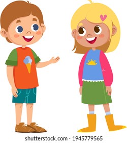 Two School Children Talking Vector. Characters Family Brother And Sister. Boy And Girl Kids. Illustration Funny Clipart Set. Isolated Image