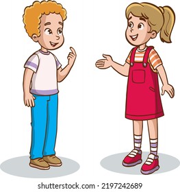 Two school children talking vector. Full-length characters. Boy and girl kids. Illustration funny clipart set