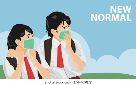 two school children wearing medical masks to prevent disease, flu, air pollution, contaminated air