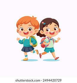 Two school kid going their school happily for taking class vector