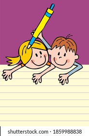 Two school kids, girl and boy with pen, humorous conceptual vector illustration