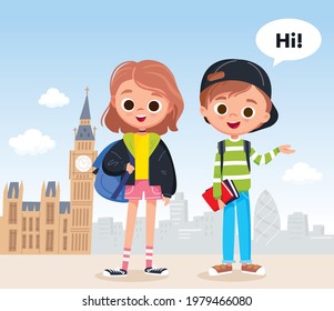 Two school kids, learners, young charaters standing, greating with england capital london city scape on behind, background. Vector advert concept for english training courses, classes, template, flyer