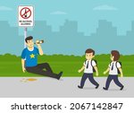Two school kids looking at drunk man. Young male character sitting on sidewalk, holding bottle and drinking alcohol. No alcohol allowed sign. Flat vector illustration template.