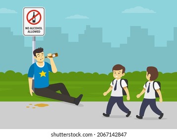 Two school kids looking at drunk man. Young male character sitting on sidewalk, holding bottle and drinking alcohol. No alcohol allowed sign. Flat vector illustration template.